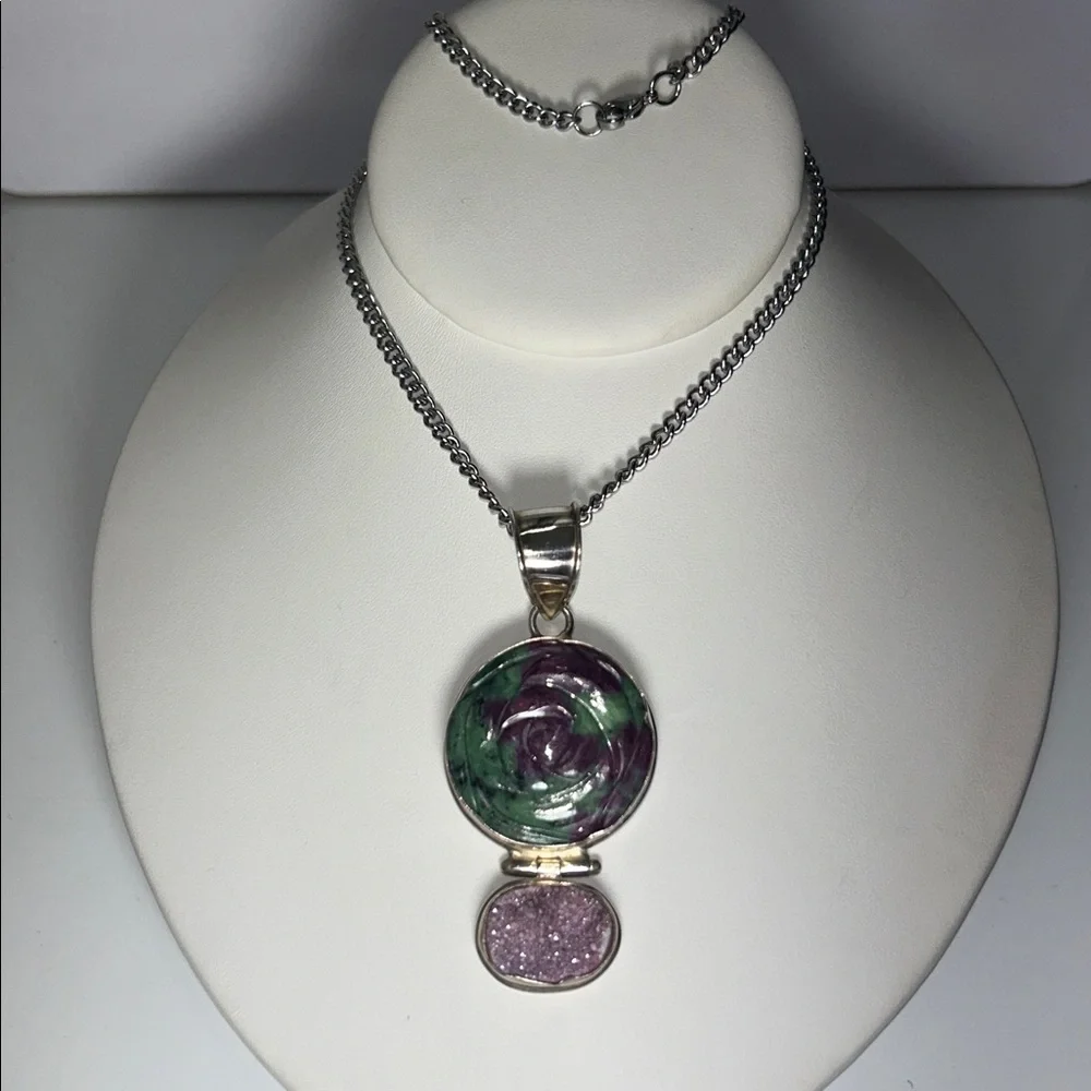 Artisan Made Vintage Sterling Silver Multi Gemstone Pendant Necklace